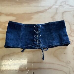 NWT Zara Denim Lace Up Corset Belt Dark Wash Indigo Blue Wide Waist Cincher